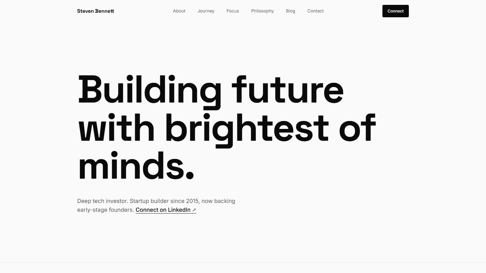 The homepage of stevenbennett.in: the line “Building future with brightest of minds.” set in large type on a plain background