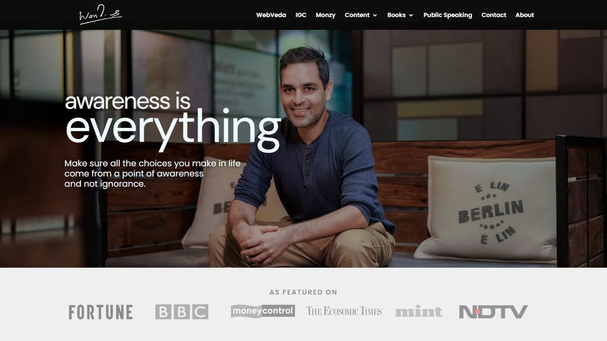 The homepage of ankurwarikoo.com, Ankur Warikoo’s personal website