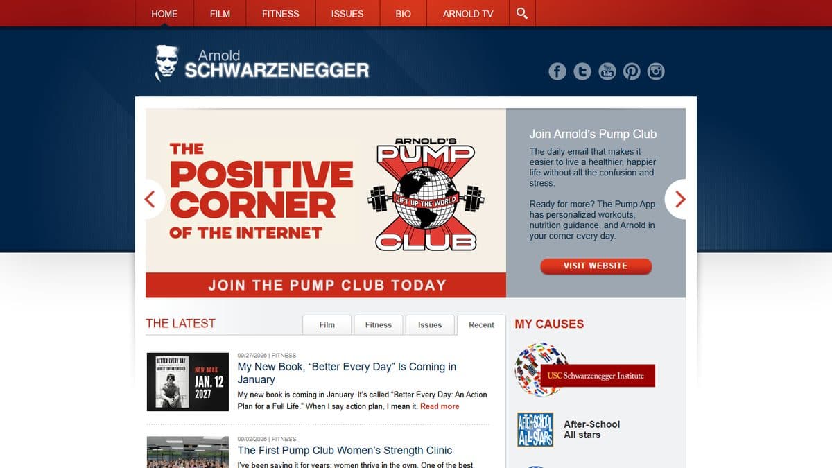 The homepage of schwarzenegger.com, Arnold Schwarzenegger’s personal website