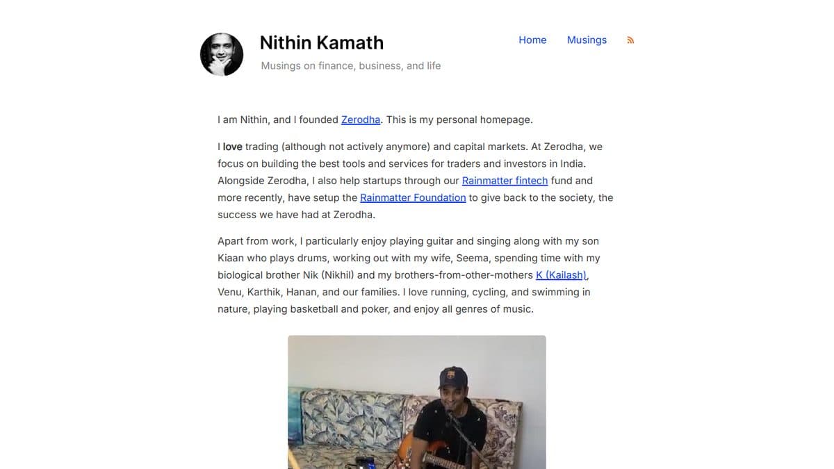 The homepage of nithinkamath.me, Nithin Kamath’s personal website