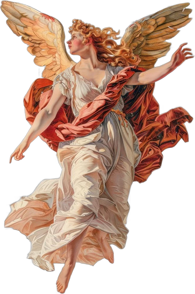 A painted winged angel in flowing red and cream robes, in flight