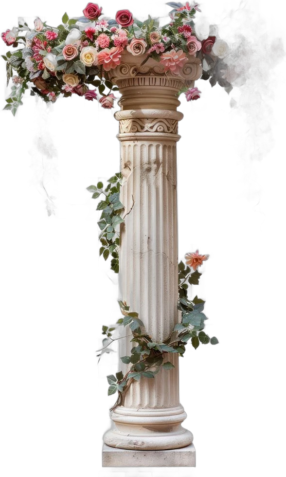 A marble column wound with roses and ivy