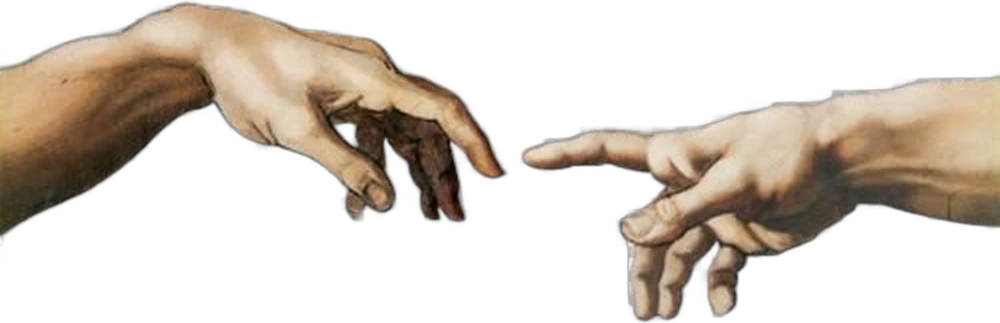 Two painted hands reaching toward each other, after Michelangelo’s Creation of Adam