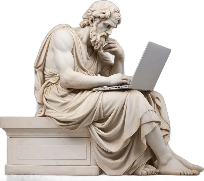 A seated marble statue working on a laptop