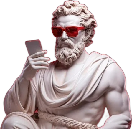 A marble statue of a bearded man in red sunglasses looking at a phone