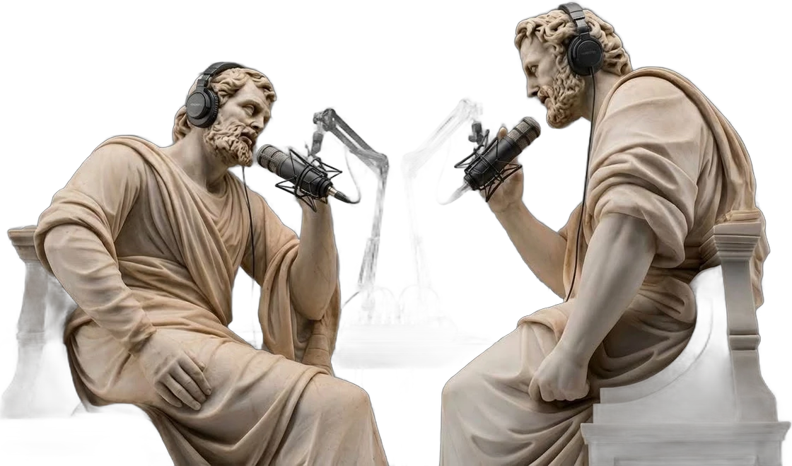 Two classical statues recording a podcast with microphones and headphones