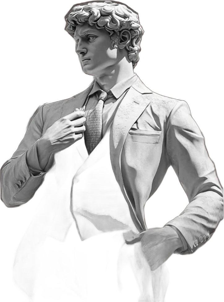 A grey statue of a man in a suit adjusting his jacket