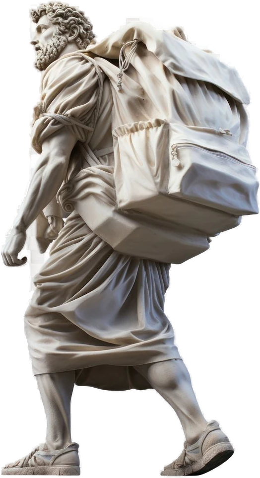 A marble statue of a traveller carrying a large pack